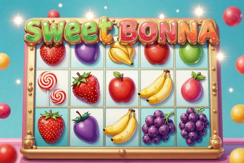 Sweet Bonanza Slot mit bunten S&uuml;&szlig;igkeiten-Walzen auf t&uuml;rkisem Hintergrund bei OnlySpins