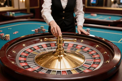 Live Roulette Croupier am t&uuml;rkisfarbenen Roulette-Tisch mit Goldchips im OnlySpins Live Casino