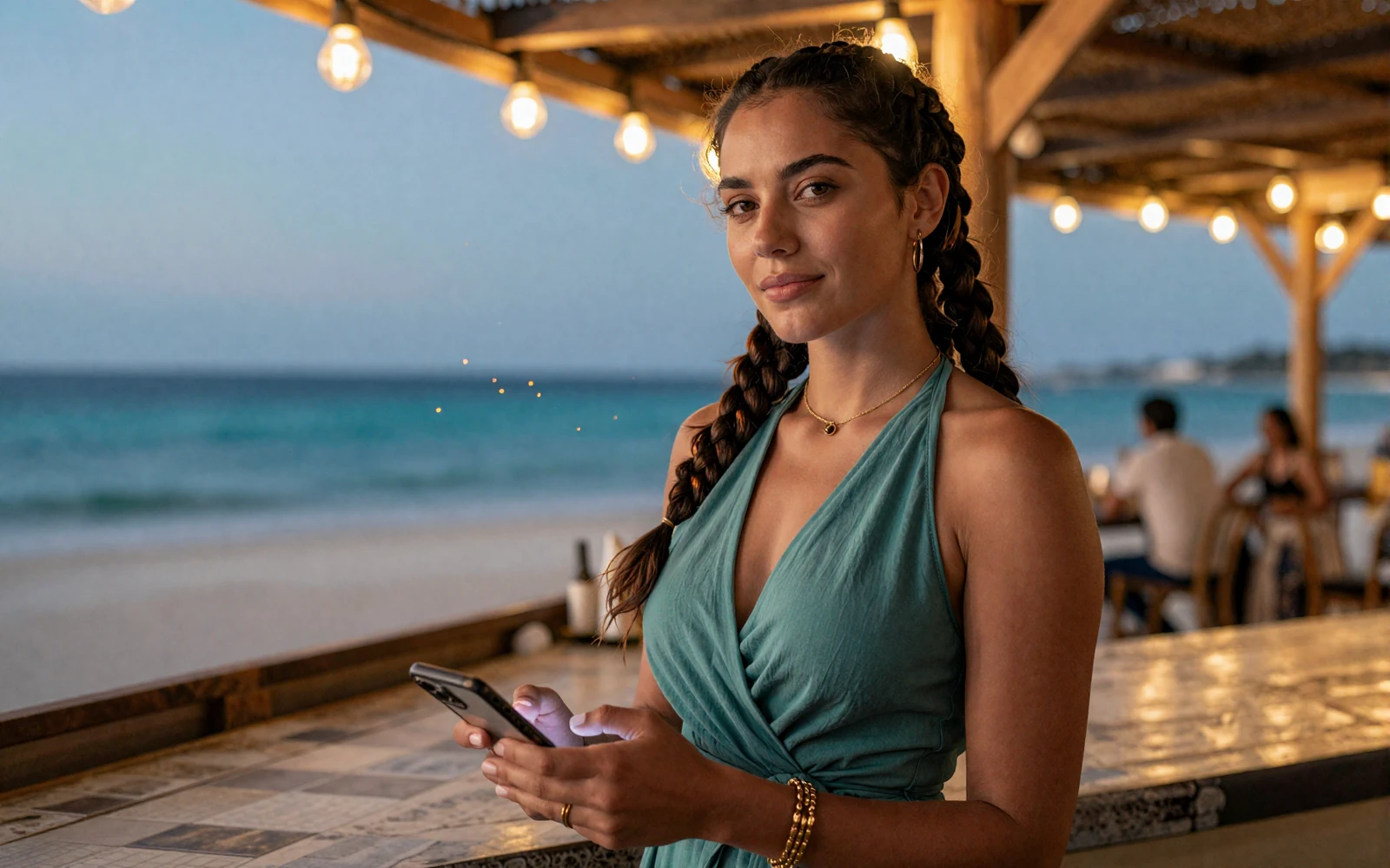 Selbstbewusste Frau mit Smartphone an tropischer Resort-Bar am Meer - schnelle Auszahlung und PayPal im OnlySpins online casino