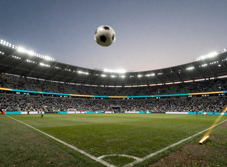 Fu&szlig;ballstadion bei D&auml;mmerung mit Flutlicht und fliegendem Ball - OnlySpins Sportwetten im Casino-Wallet