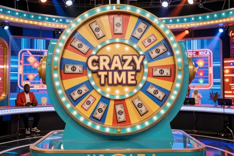 Crazy Time Live-Game-Show mit leuchtendem Gl&uuml;cksrad im OnlySpins Live Casino