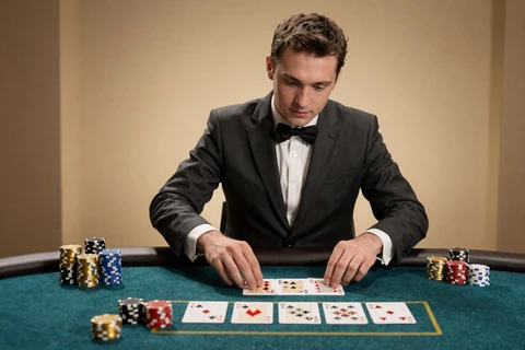 Live Blackjack Dealer teilt Karten am Tisch mit Goldchips im OnlySpins live casino online