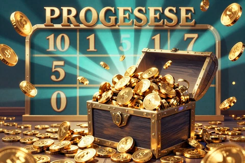 Progressive Jackpot Slot mit leuchtendem Goldm&uuml;nzen-Berg und Schatztruhe bei OnlySpins