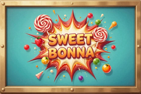 Sweet Bonanza Slot mit bunter S&uuml;&szlig;igkeiten-Explosion auf t&uuml;rkisem Hintergrund im OnlySpins Casino